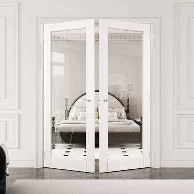 60" x 80" 1-Lite Clear Glass Interior French Door with Silver Hardware & Latch & Door Lever, Tempered Glass Door Slab with Safety, Paintable & Waterproof, Suit for Laundry, Closet Doors, Room Doors, Assembly Required