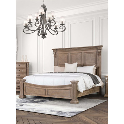 Traditional Weathered Oak Queen Bed With Carved Details And Panel Headboard, Perfect For Timeless Elegance In Bedrooms.