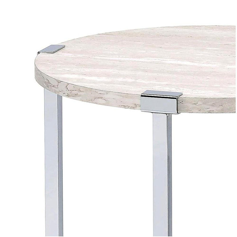 Table de bout ronde avec support en forme de X, chêne blanc et chrome