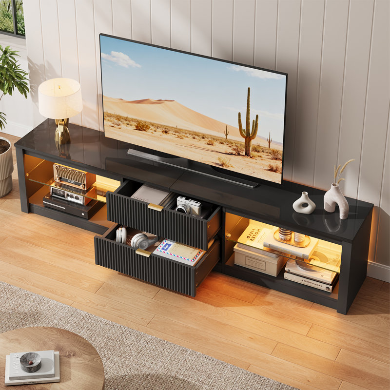 203cm TV Stand for TVs up to 85", High Gloss Fluted Entertainment Center with LED Lights and 2 Drawers, Black