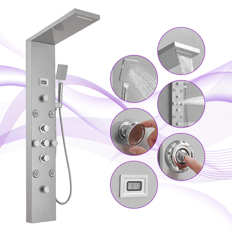 Nickel Chrome 8-Jet Rainfall Shower Panel System with Handheld Wand