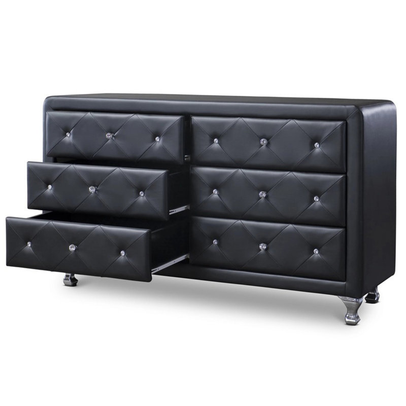 Commode rembourrée à 6 tiroirs avec pieds en acier Keldon, H 31,25 po x l 52,50 po x P 17,96 po, Noir