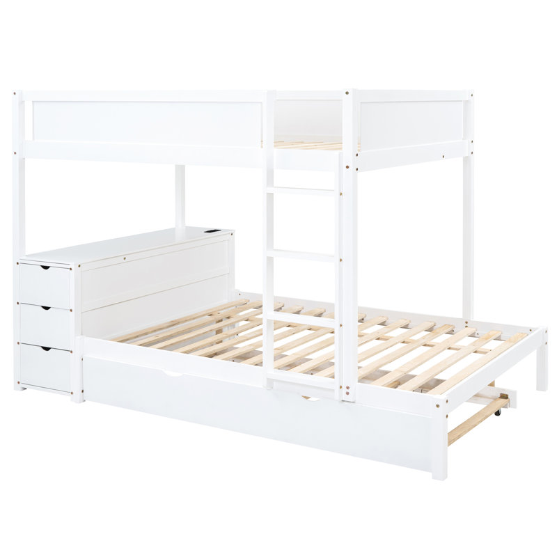 Lit superposé blanc avec lit gigogne simple, rangement pour bureau