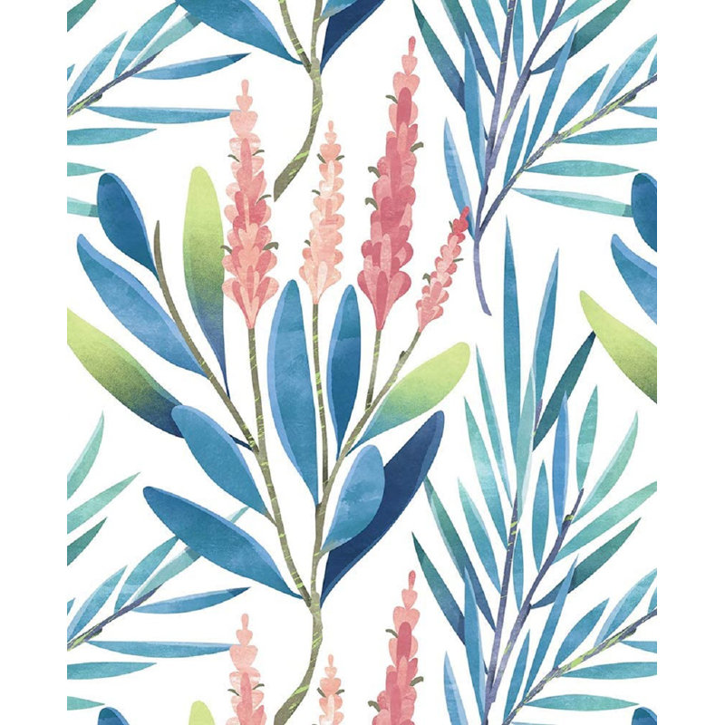 Red Barrel Studio® 93028 - Papier peint adhésif à motif de feuilles à motif d'aquarelle à motif floral auto-adhésif amovible en vinyle blanc / bleu / rose 17,7 po x 9,8 pi