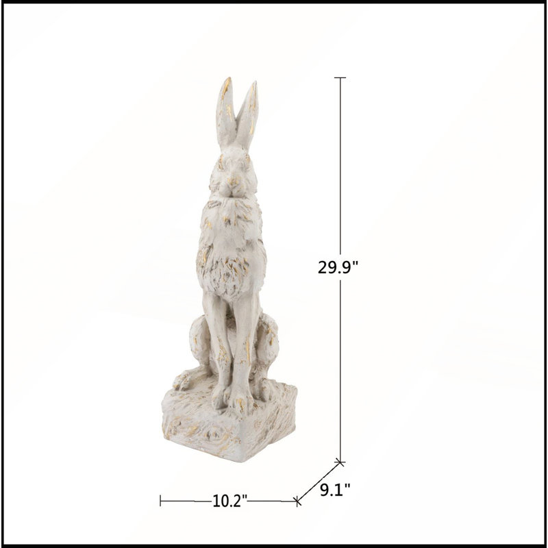 Grande figurine de lapin assis en magnésium, 26 x 23 x 76 cm, finition antique et socle.