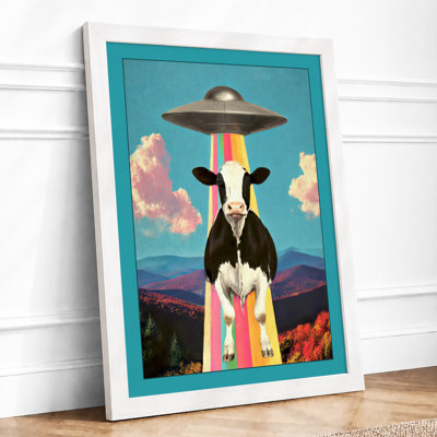 Cow Meets UFO Surreal 1 Piece Single Picture Frame Wall Art