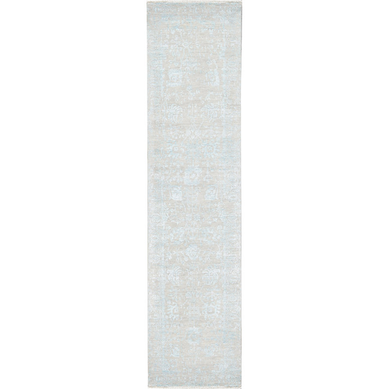 Hand-Knotted High-Quality Silver and Aqua Runner