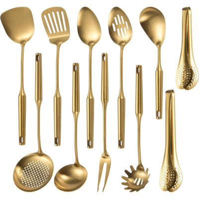 Professional 11-Piece Stainless Steel Kitchen Utensil Set With Ergonomic Handle - Includes Spatula, Ladle, Spoon, Skimmer, Tongs, And Pasta Server For Cooking And Serving