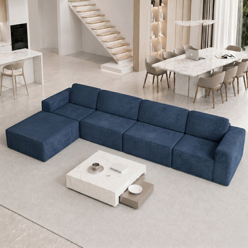 Modular Oversize 404cm Corduroy Boneless Sofa With Ottomans Reversible, No Assembly Required, Blue