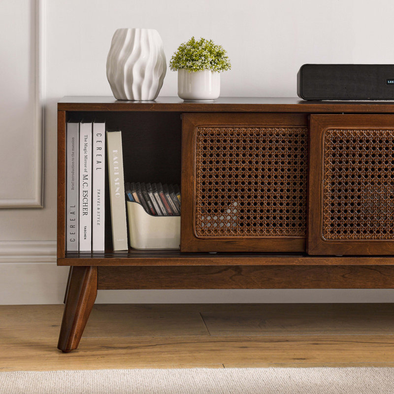 Mid Century Modern Rattan TV Stand For 65 Inch TV, Entertainment Cabinet, Media Console For Living Room Bedroom Media Room, Solid Wood Feet & Rattan Cabinet Doors