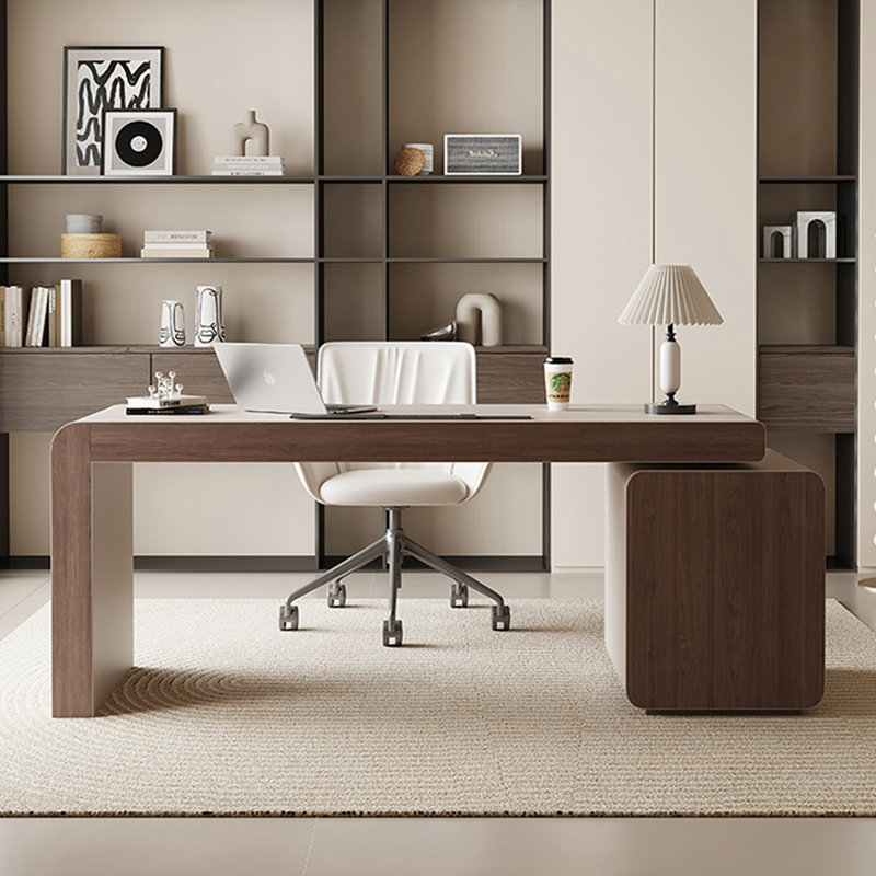 Bureau de direction rectangulaire en bois manufacturé clair avec tiroirs, Orienté vers la gauche