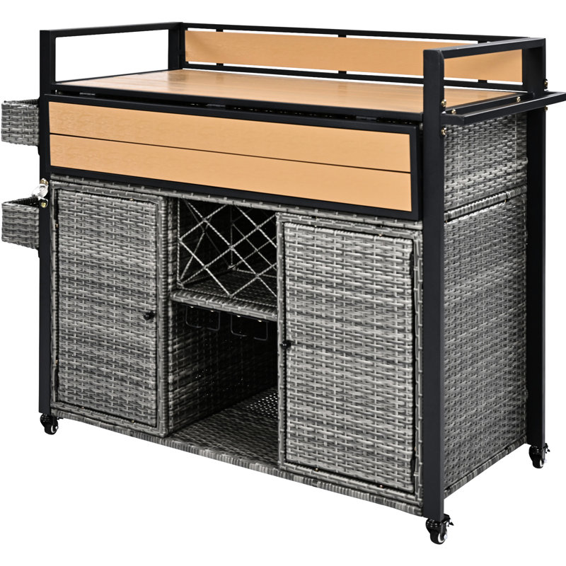 Grey Outdoor Rolling Grill Cart With Steel Frame, Extended Table, Foldable Hidden Desktop, 7 Shelves, Wine Bottle & Glass Holders Exterior, - Wood Tabletop, Storage, Spice , Rack, Lockable Wheels,