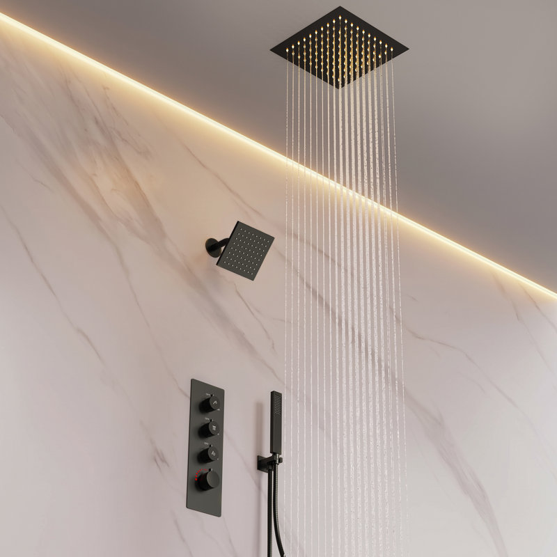 Système de pomme de douche thermostatique double, robinet de pluie à DEL 12 po avec pomme de douche à fixation au plafond et douchette de 6 po