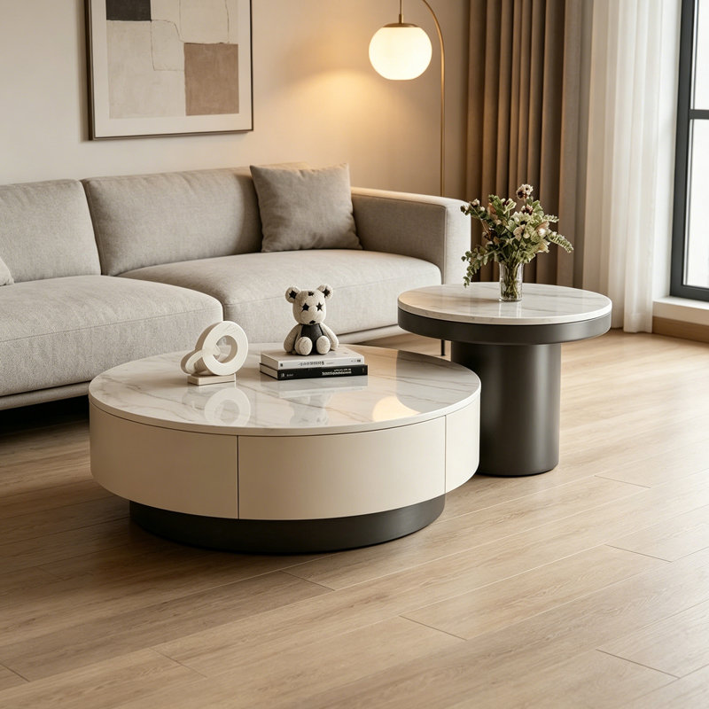 Grande table basse de luxe moderne avec tiroirs de rangement, 12.99" H x 27.55" L x 27.55" W, White/Black