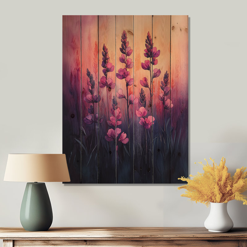 The Expressionism Lavender Plants - Plants Wood Wall Art - On Natural Pine Wood, 20" H x 10" W x 0.78" D