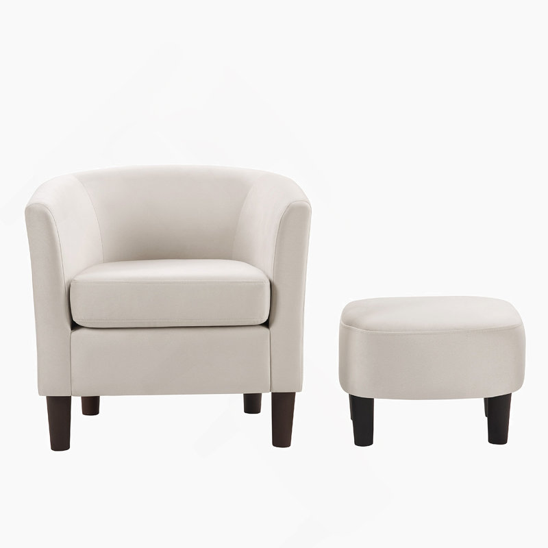 Velvet Accent Chair with Ottoman, Modern Barrel Chair Armchair for Living Room, Bedroom, White