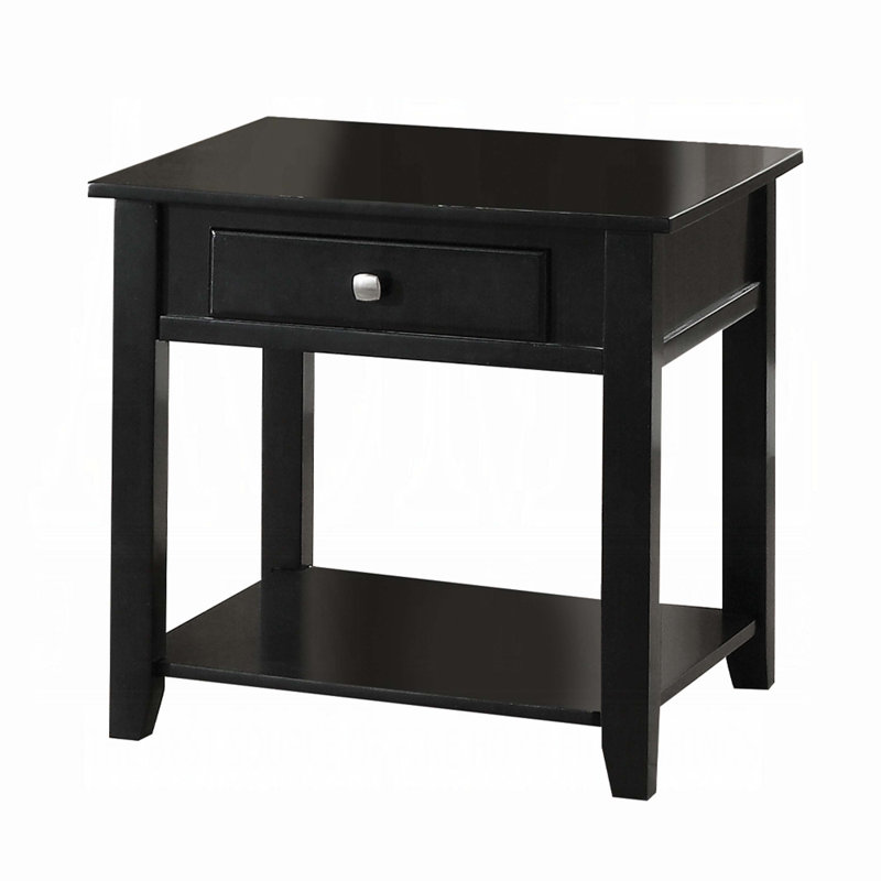 Black Wooden End Table with Drawer and Bottom Shelf
