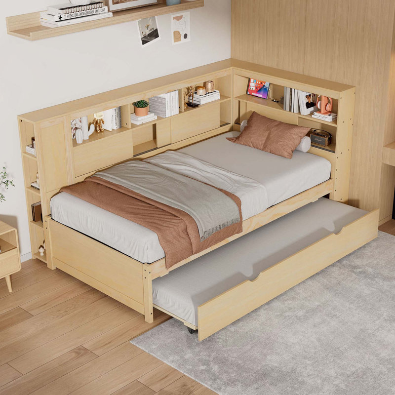 Wood Daybed With Storage Shelves, USB And Trundle, Natural