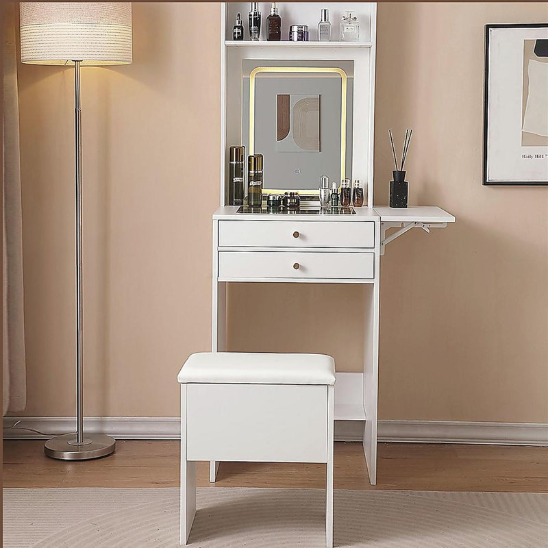 Bureau de coiffeuse avec miroir éclairé, coiffeuse de maquillage avec tiroirs et armoire de rangement pour chambre à coucher, bureau en verre, luminosité réglable à 3 modes d'éclairage, tabouret de rangement
