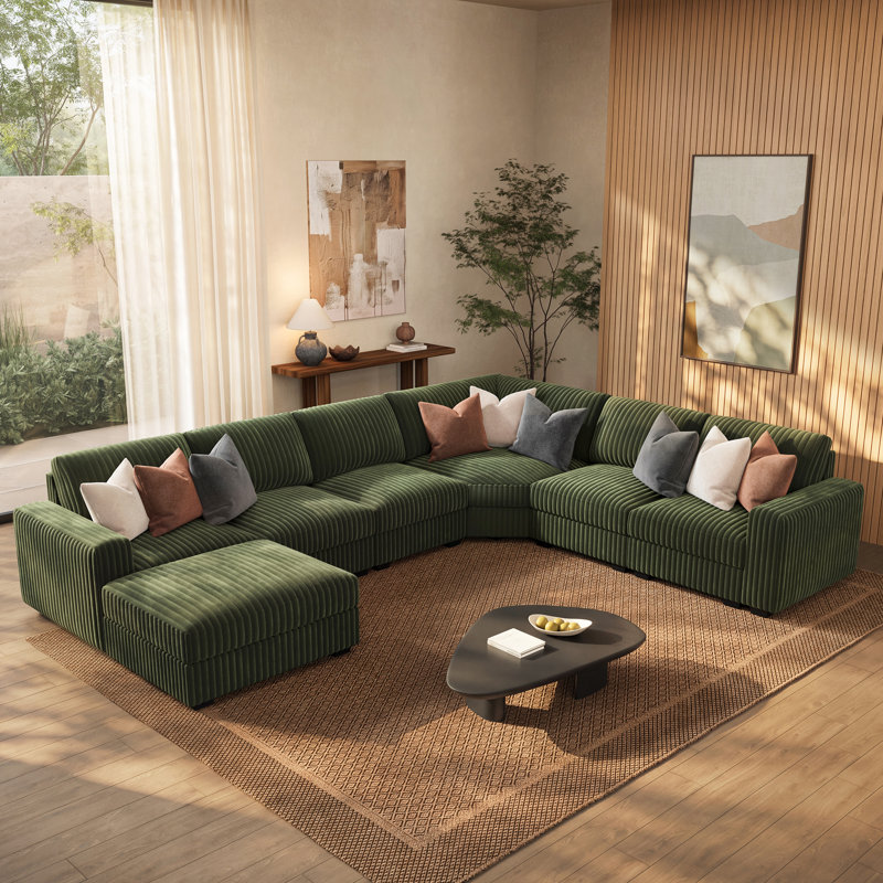 Canapé modulaire moderne en U avec repose-pieds avec rangement, Green Corduroy