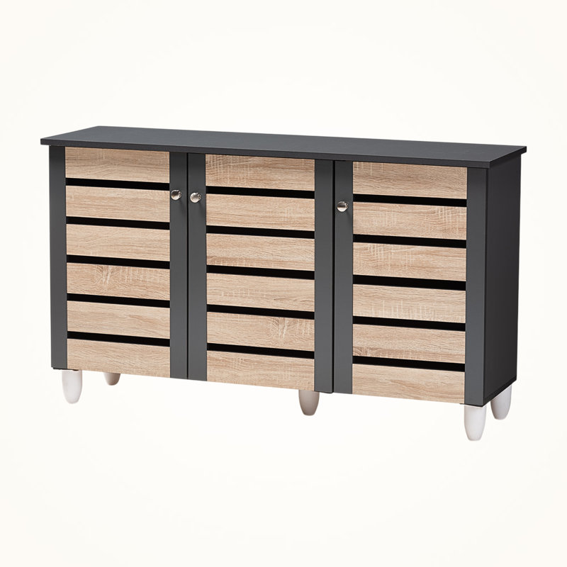 Kairo 3-Door Shoe Storage Cabinet in Two-Tone Oak and Dark Gray, 26.05'' H X 44.34'' W X 12.94'' D