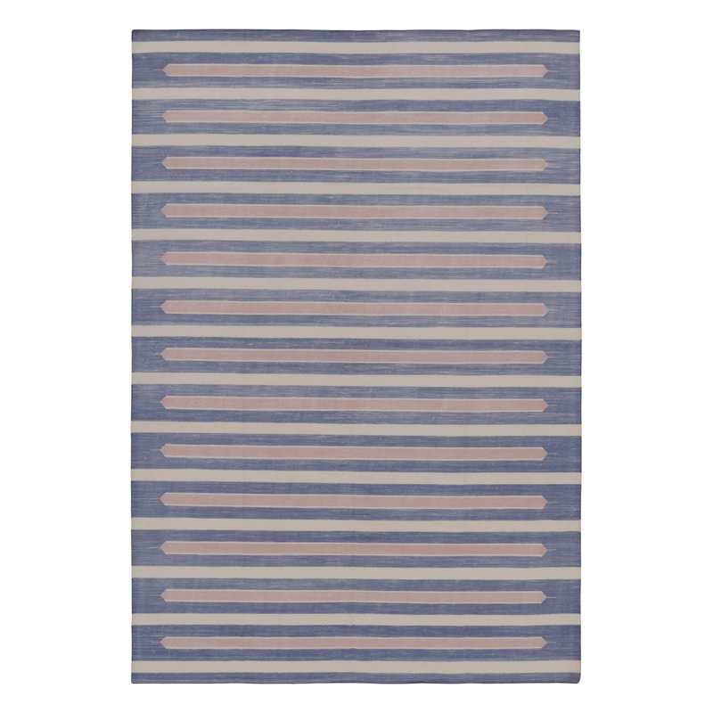 Rug & Kilim’S Contemporary Dhurrie Rug In Blue And Cream With Stripes