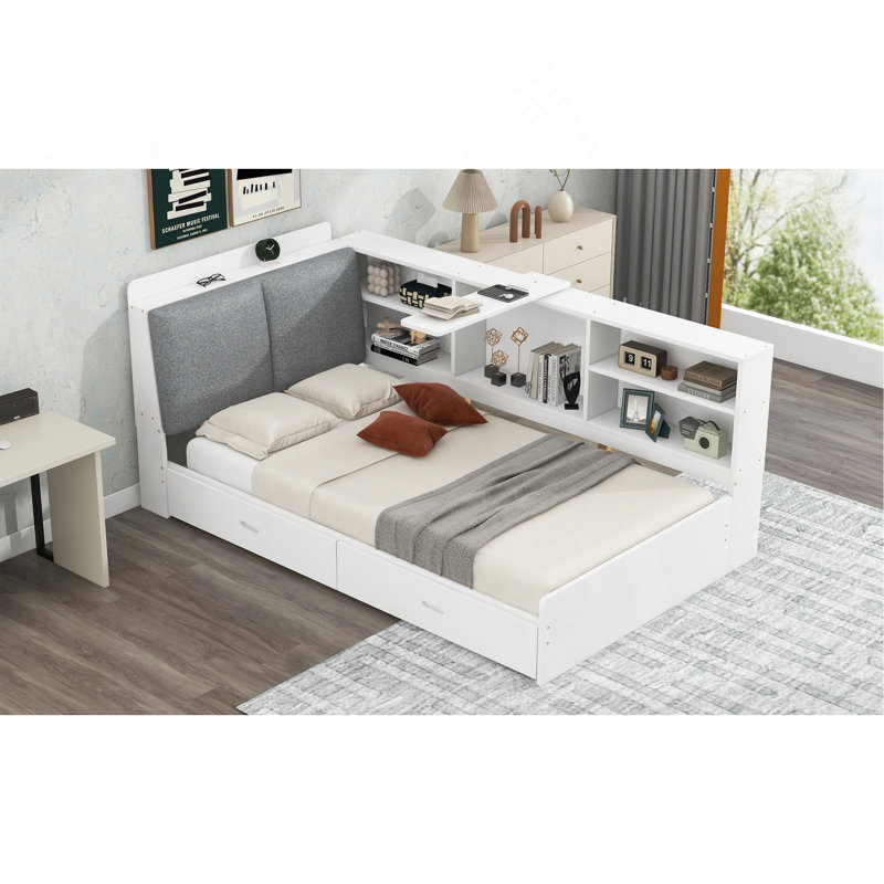 Lit plateforme simple en bois avec tête de lit avec rangement, tablettes et 2 tiroirs, blanc