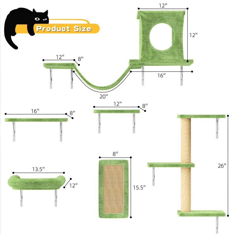  Ensemble de 6 tablettes pour arbre à chat / ensemble d'escalade mural, lit pour chat, hamac Galiya, Vert