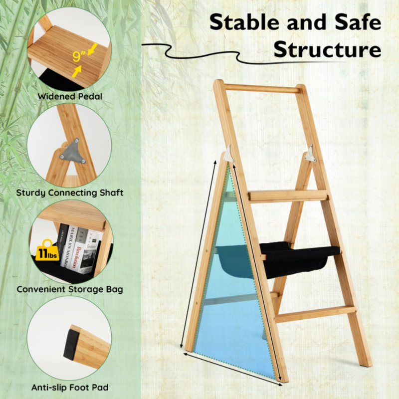 Summerlin WFX Utility™ 3 Step Ladder Foldable Bamboo Step Stool 330lbs Capacity With Tool Storage Bag