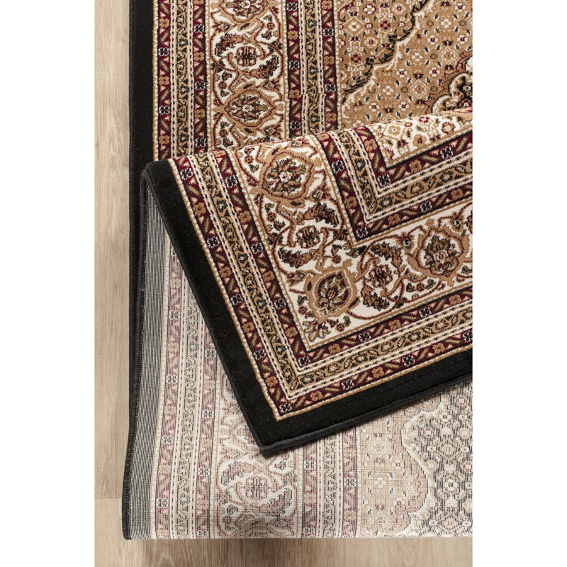 Luxueux style traditionnel 24 po Tapis X 36, médaillon noir et fabriqué à la machine, 100% polypropylène, motif médaillon rectangulaire classique, teint