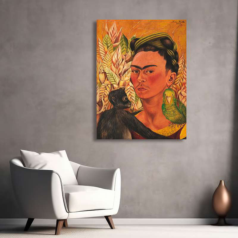 Self-Portrait With Monkey And Parrot, 1942 by Frida Kahlo - Wrapped Canvas Print, 100 cm H x 70 cm W