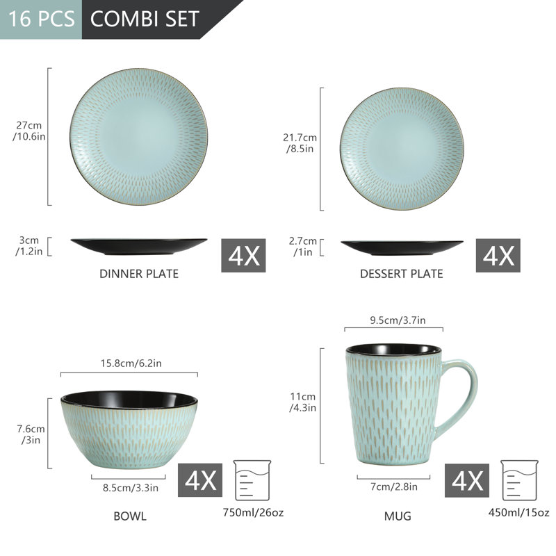 Pluvo 16 Piece Stoneware Dinnerware Set - Service for 4, Green