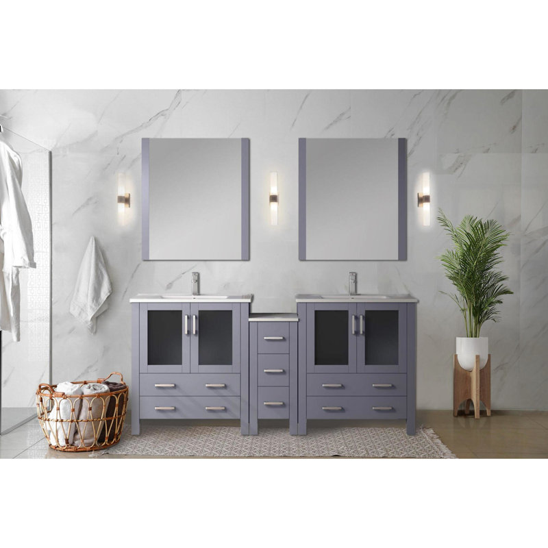 Gris foncé foncé de 72 po Meuble-lavabo double large avec armoires latérales, robinet en acier inoxydable, 28 miroirs et comptoir à taches Scratch