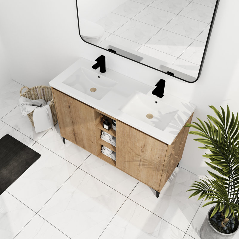 Meuble-lavabo autoportant à double cuve 48 po - Design contemporain, fonction de porte, rangement abondant, lavabos en résine, finition imitation chêne, style contreplaqué, charnière, grand espace de rangement,