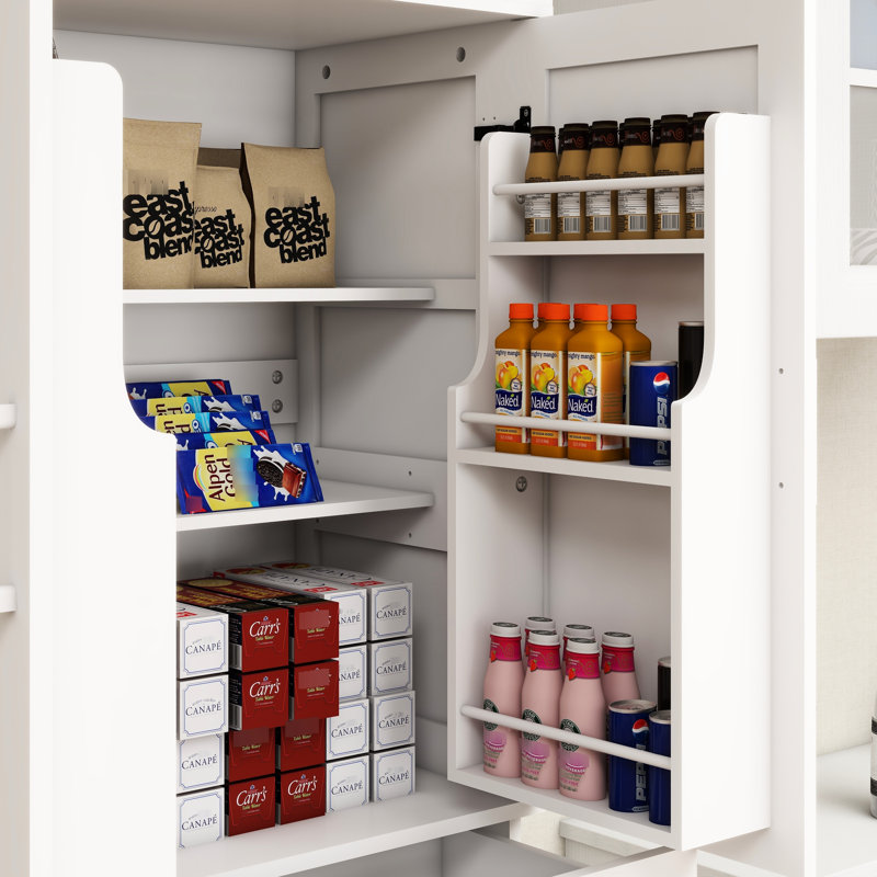 Armoire de cuisine 71 po en blanc. 4 portes dont 2 avec 1 tiroir. 2 tablettes réglables. Peut contenir des aliments en conserve, des boissons. Peint. Stable et sécuritaire. Assemblage facile. Convient à différentes pièces du tiroir.