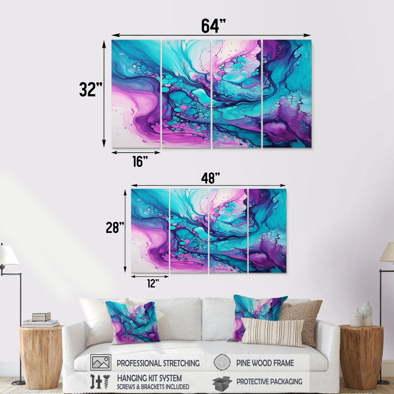 Encre liquide liquide magenta mauve - ensemble d'art mural 4 pièces, H 32 po x l 64 po
