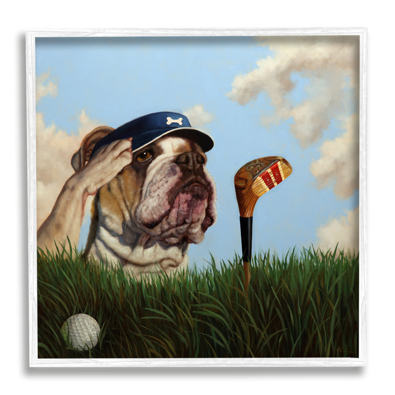 «Bulldog Golfing Illustration» par Lucia Heffernan, H 24 po x l 24 po x P 1,5 po, Giclée encadrée blanc bord de mer