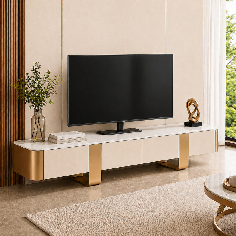 79" Modern Glam TV Stand for TVs up to 85", White Gloss Media Console with Sintered Stone Top, Gold Stainless Steel Accents, 4 Storage Drawers & Easy Assembly