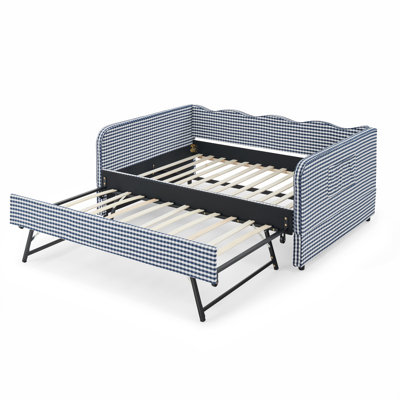Full‑Size Daybed, Gingham Upholstered 3‑in‑1 Versatile Convertible Sofa Bed with Pull‑Out Trundle & Side Storage Pockets, Ideal for Multiple Room Layouts and Small‑Space Living-Dark Blue