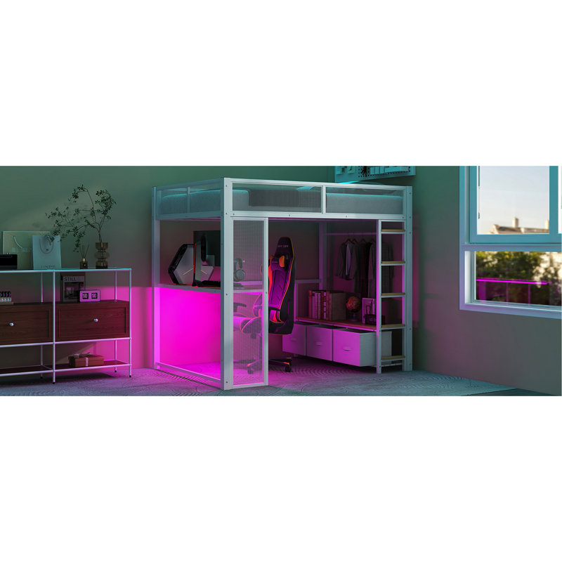 Lit de jeu en métal avec DEL, garde-robe ouverte et 3 tiroirs de rangement, pleine grandeur, bureau blanc - expérience fonctionnelle, qualité de vie