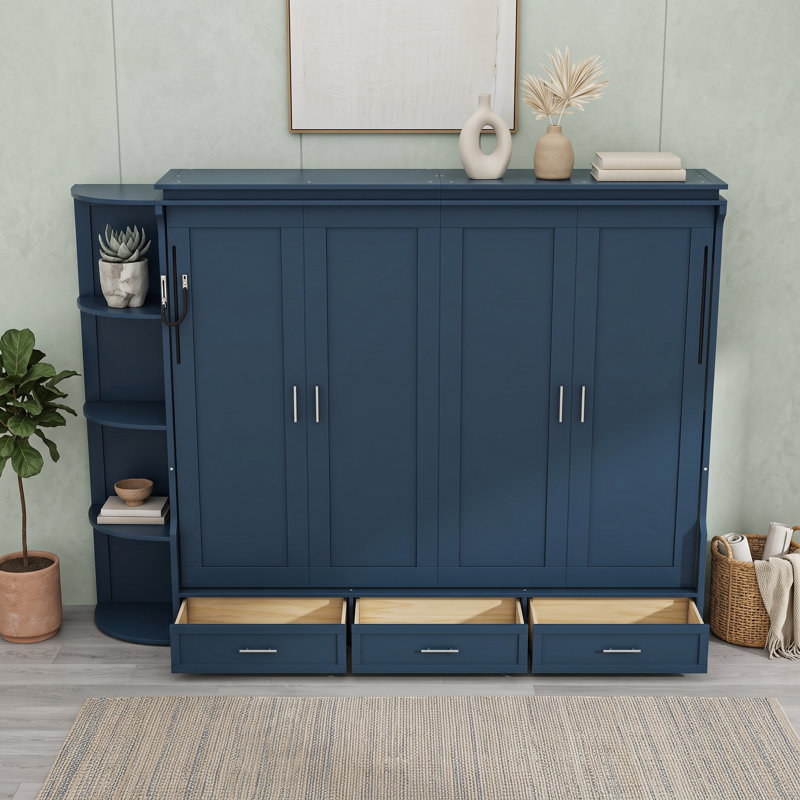 Lit escamotable peu encombrant avec tablettes latérales et tiroirs, Grand lit, Bleu