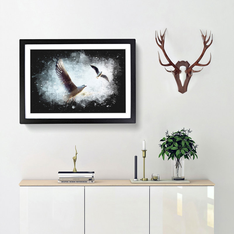 Pair of Flying Seagulls - Picture Frame Graphic Art Print, 62cm H x 87cm W x 2cm D, Black Framed