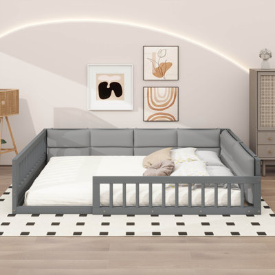 A Fully Upholstered Full-Sized Wood Platform Bed, Complete With Guardrails And A Complimentary Pillow For Enhanced Comfort
