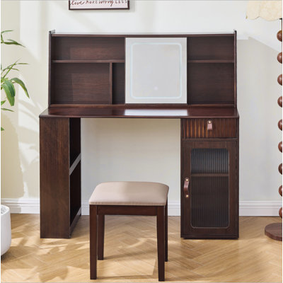 Elegant Makeup Vanity Desk With 3 Modes Adjustable Lighted Mirror,Modern Dressing Table Set With Large Shelves, Drawer And Canbinet