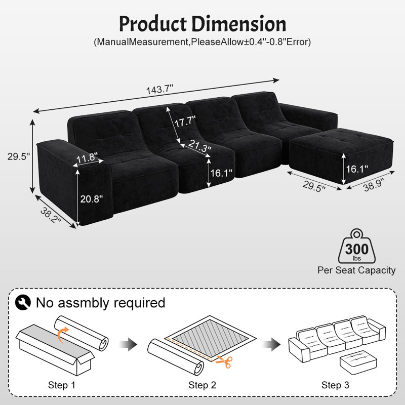 Luxora Modern Tufted Modular Sectional Sofa, Black Chenille