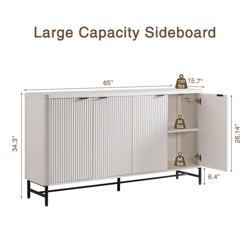  Fluted Sideboard Buffet Cabinet with Adjustable Shelves and Metal Legs, White