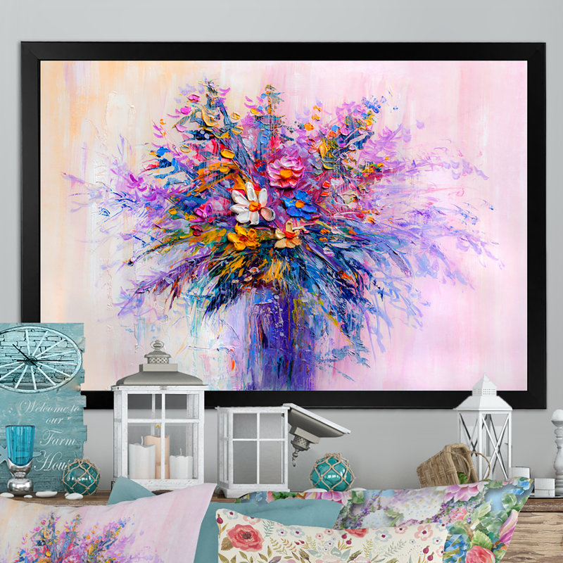 Vase de fleurs rouges et mauves - reproduction sur toile avec cadre flottant, Cadre photo noir, H 8 po x l 12 po x P 1 po