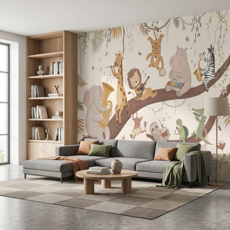 Papier peint animaux, musique, arbre, 140"x108", Peler et coller