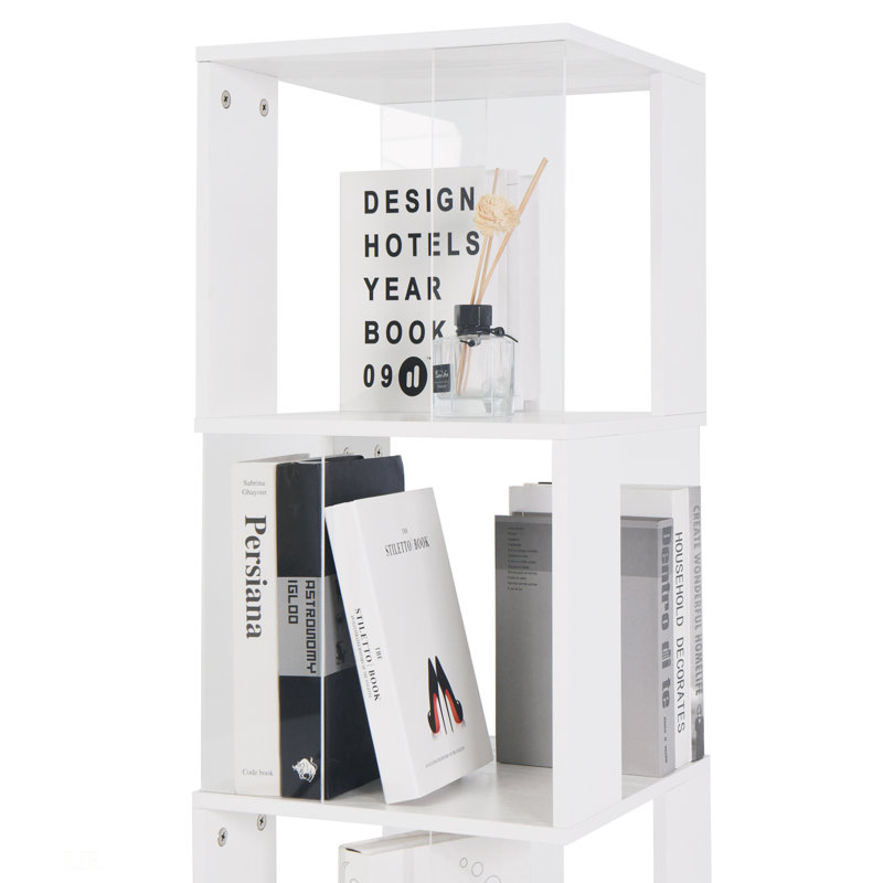 Rotating Bookshelf, Floor Rack With Acrylic Plate And Anti-Toppling Base, (5 Shelves) 63" H x 19.7" W x 19.7" D, White