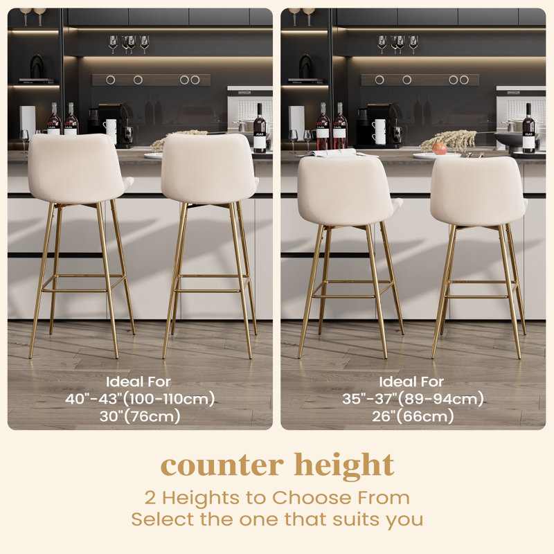 Set of Bar Stools, Velvet Upholstered Fabric Counter Stool With Solid Metal Frame and Velvet Low Back Armless, 4, Cream